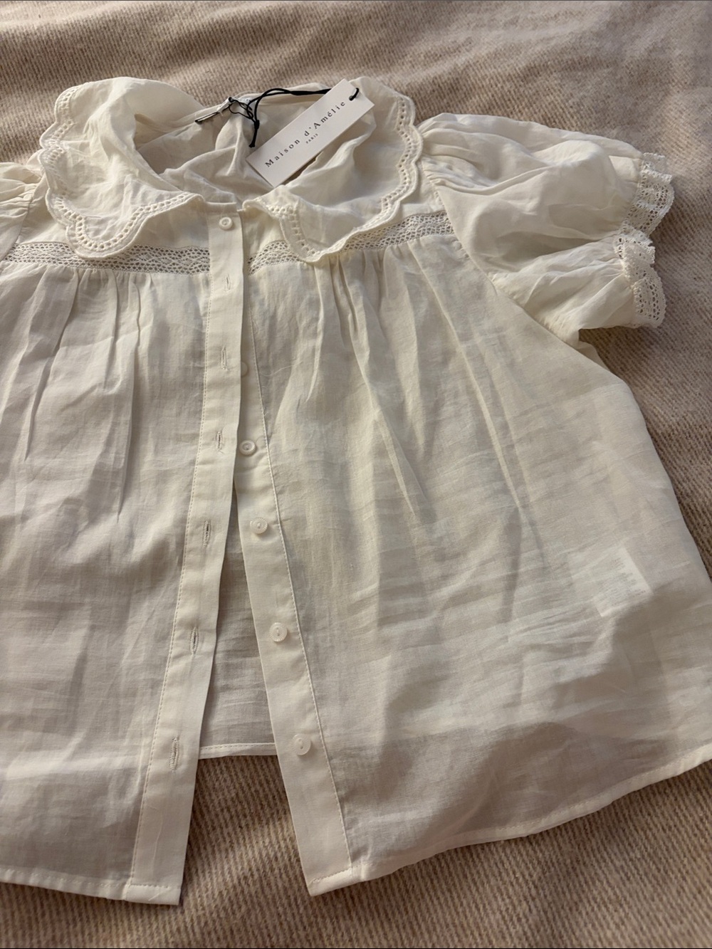 NWT MAISON D’AMELIE Cream Lace-Trim Puff Sleeve Blouse Size Medium 100% Cotton - Picture 6 of 13
